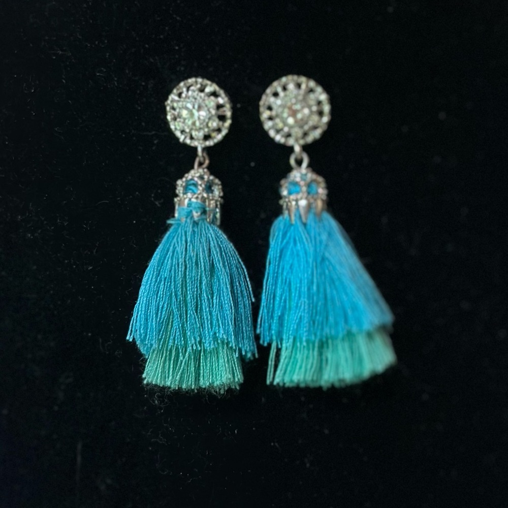 Green & turquoise tassels w/ rhinestones & silver colored metal post earrings.